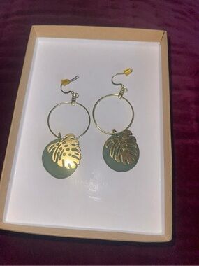Gold and Green Leaf Hoop Earrings - Women Jewelry